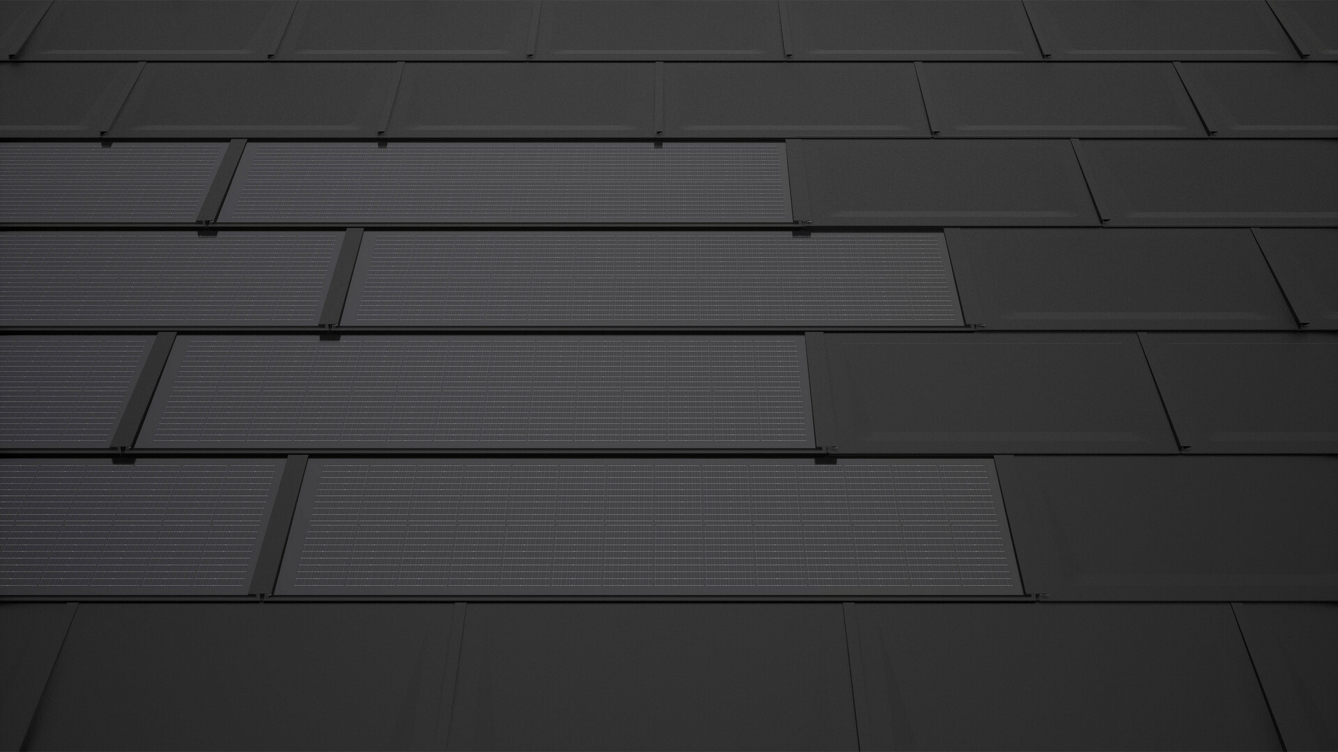 La photo montre des tuiles solaires PREFA noires, montées sur une toiture, combinées avec la tuile PREFA R.16. Les modules solaires sont disposés en rangées régulières.