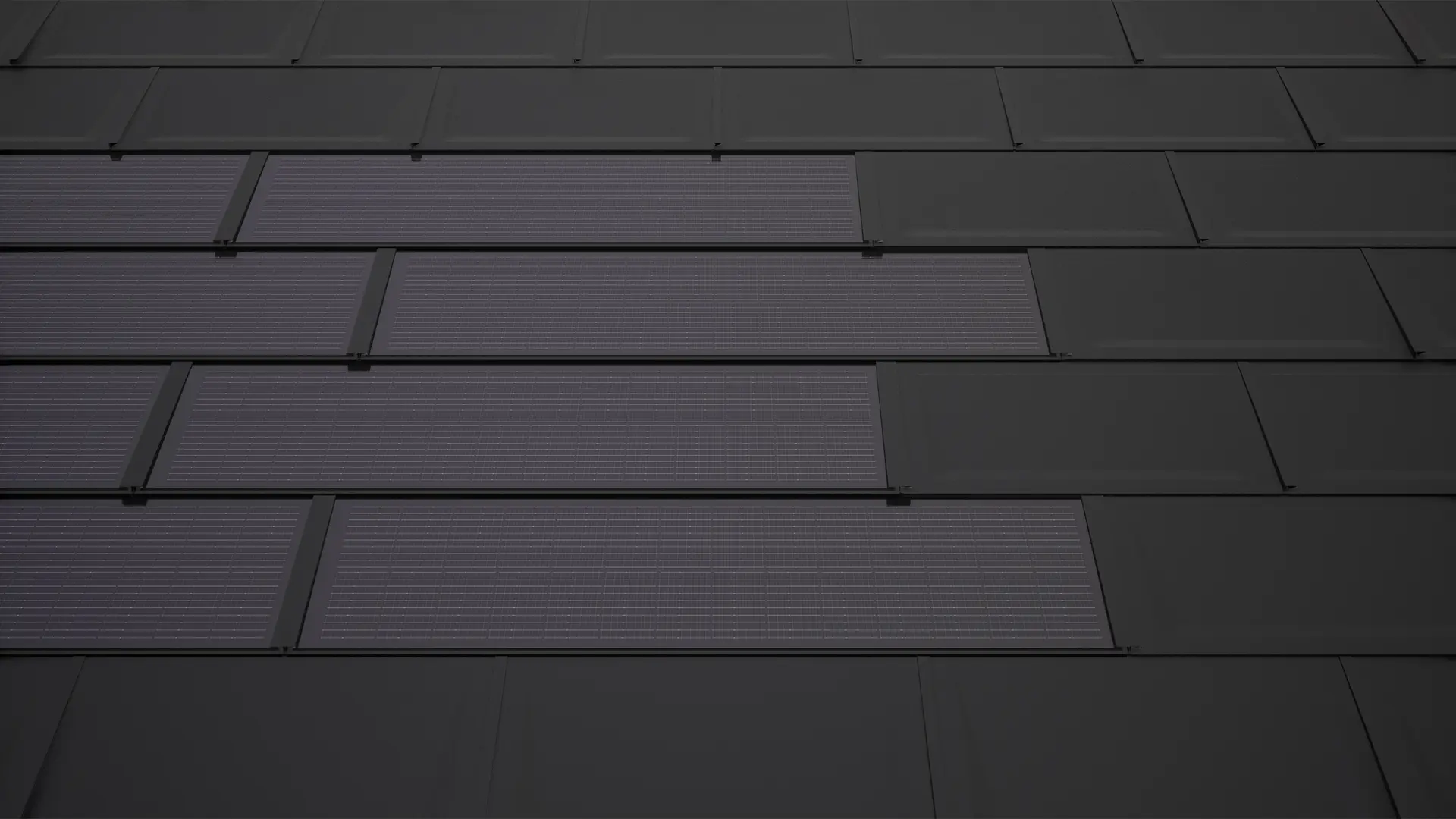 Das Bild zeigt PREFA Solardachplatten in Schwarz, montiert auf einem Dach, kombiniert mit der PREFA Dachplatte R.16. Die Solarmodule sind in gleichmäßigen Reihen angeordnet.