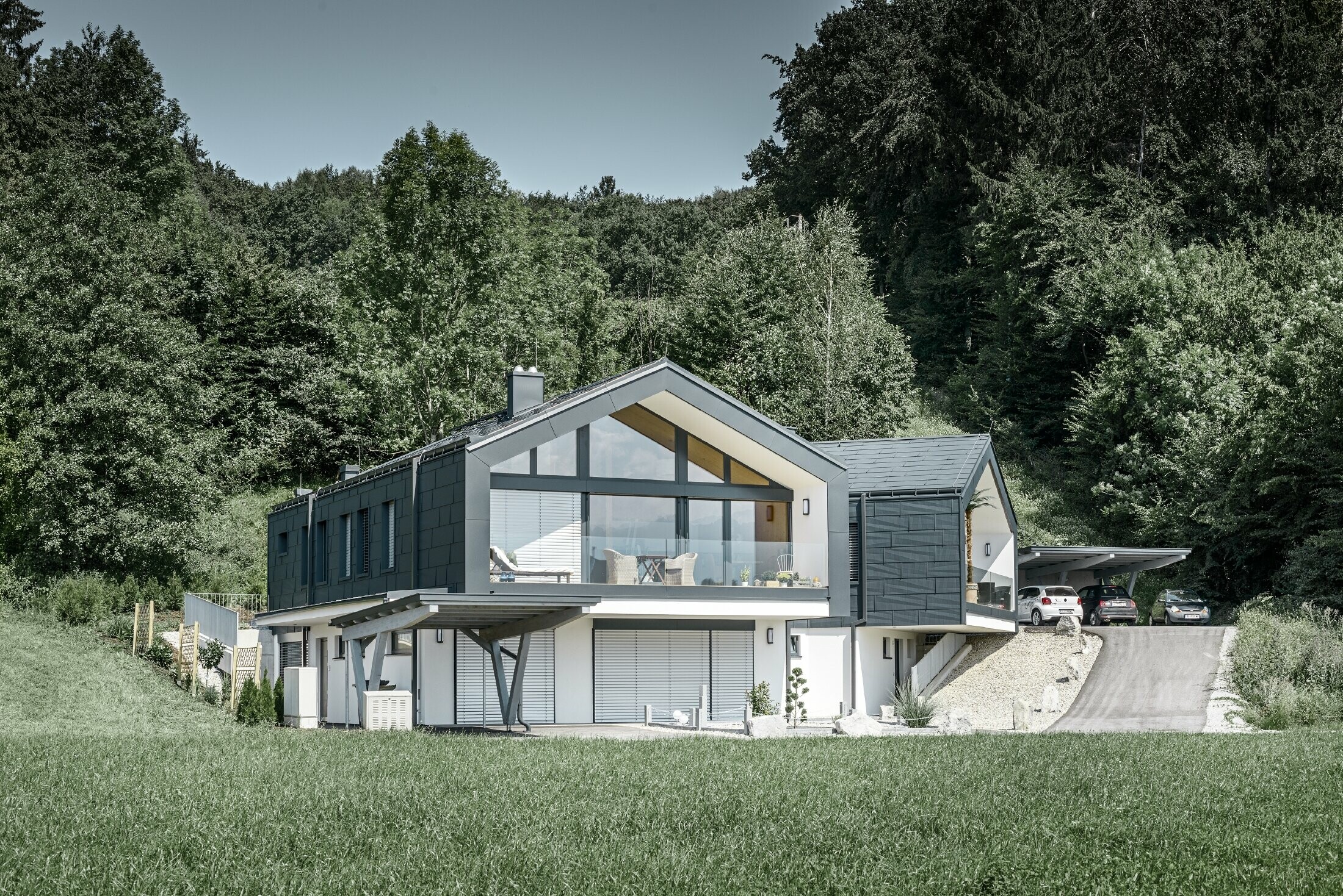 Maison en copropriété avec large façade vitrée — Toiture et façade réalisées avec des panneaux FX.12 PREFA couleur anthracite