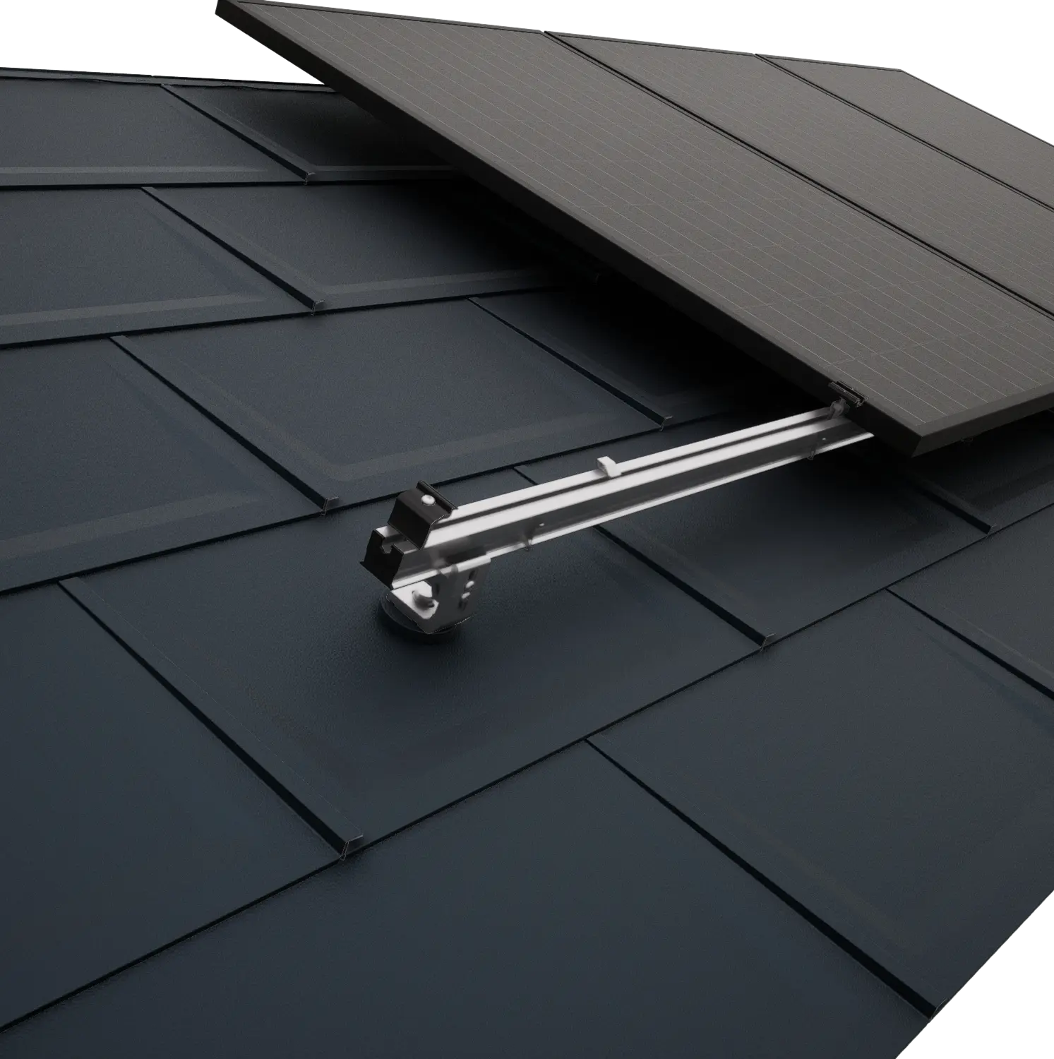 Gros plan sur une toiture PREFA équipée de modules photovoltaïques fixés à l'aide des accessoires PREVARIO pour panneaux solaires.