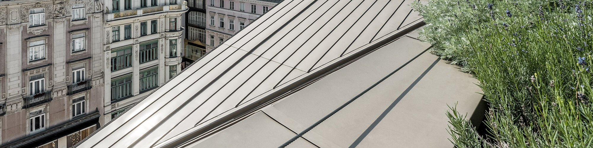 Vue rapprochée de la toiture PREFA, avec à droite de la végétation et à gauche une partie du paysage urbain qui entoure l'hôtel de luxe.