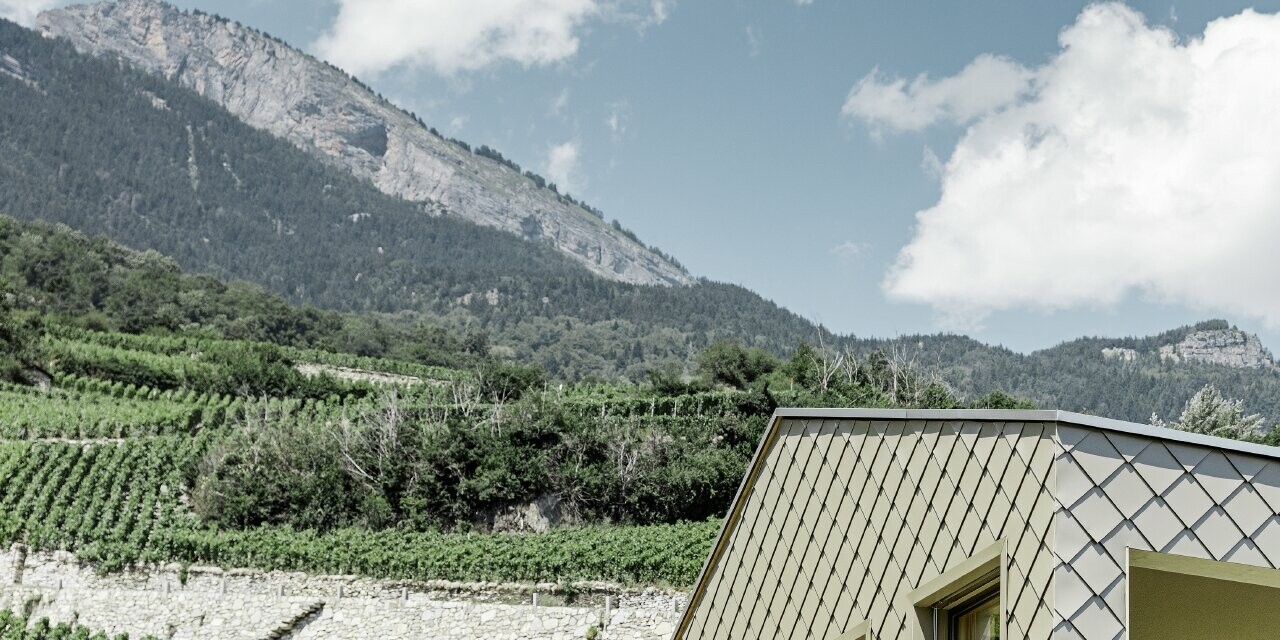 Maison individuelle moderne au cœur des vignobles de la vallée du Rhône avec quatre pentes de toit et grand balcon couvert — Façade habillée de losanges PREFA de couleur bronze