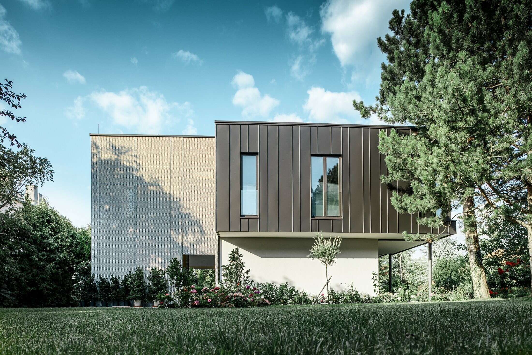 Maison individuelle moderne à l’esthétique arboricole au cœur d’un grand jardin planté de nombreux arbres — Façade PREFA dépouillée à joints angulaires de couleur gris noir