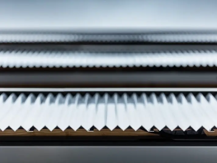 Zoom sur les profils triangles dans la teinte aluminium naturel et vue détaillée de leur forme si particulière