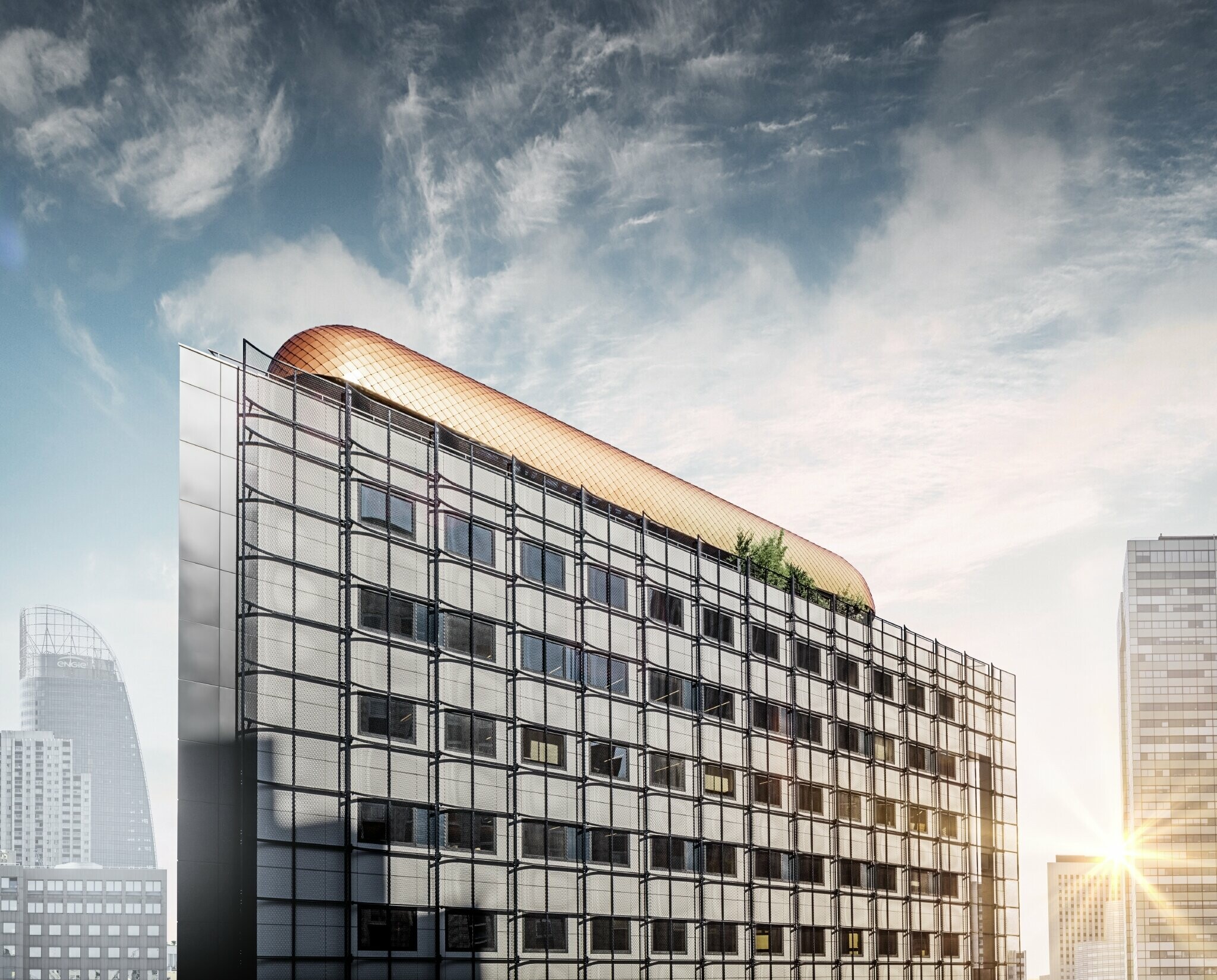 Bâtiment administratif Blackpearl à Paris avec une nouvelle structure recouverte du losange de toiture 29 × 29 PREFA cuivré