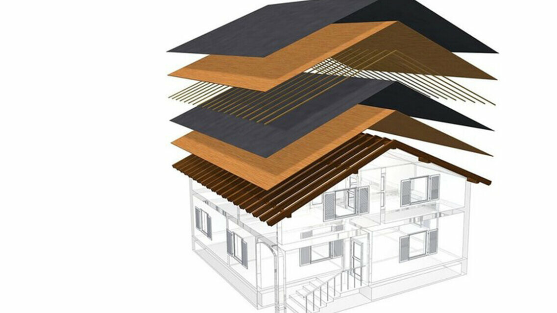 Présentation technique de la construction d’une toiture froide, construction de toit à peaux multiples avec lattage, voligeage intégral, couche de séparation, charpente ; combles pouvant servir d’espace d’habitation ; construction d’un toit double peau, construction de toit ventilée ; contre-lattage