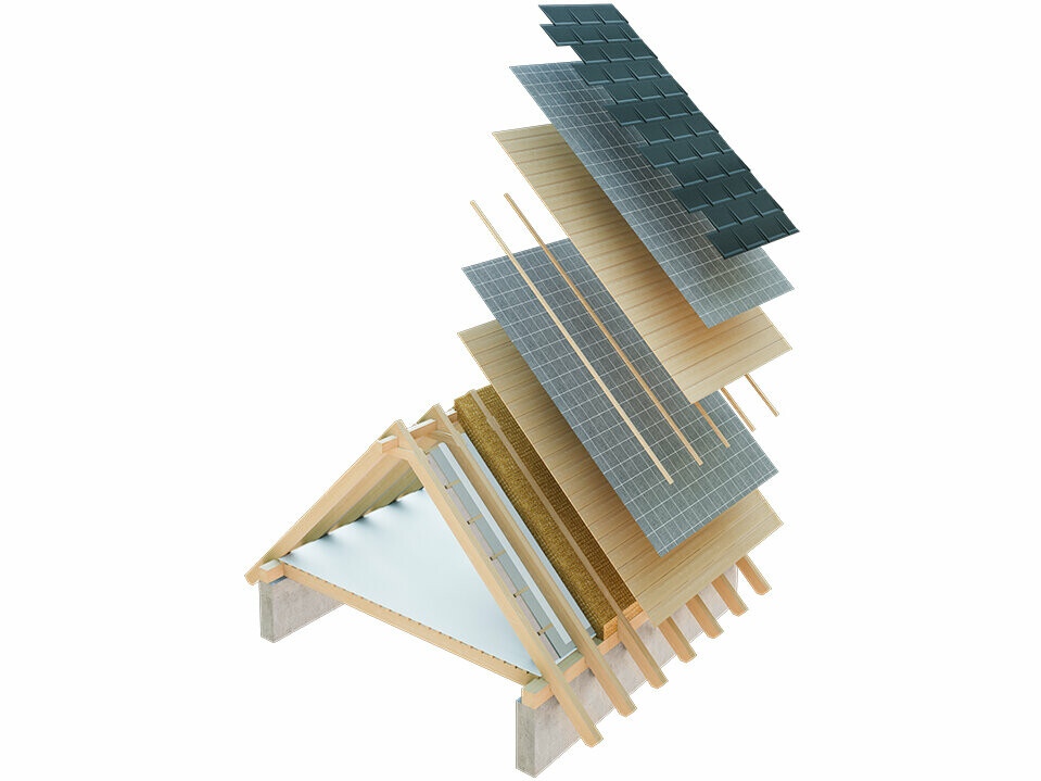 Présentation technique de la construction d’une toiture froide, construction de toit à peaux multiples avec lattage, voligeage intégral, couche de séparation, charpente ; combles pouvant servir d’espace d’habitation ; construction d’un toit double peau, construction de toit ventilée ; contre-lattage