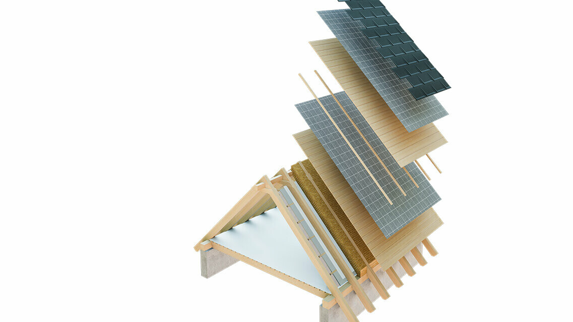 Présentation technique de la construction d’une toiture froide, construction de toit à peaux multiples avec lattage, voligeage intégral, couche de séparation, charpente ; combles pouvant servir d’espace d’habitation ; construction d’un toit double peau, construction de toit ventilée ; contre-lattage