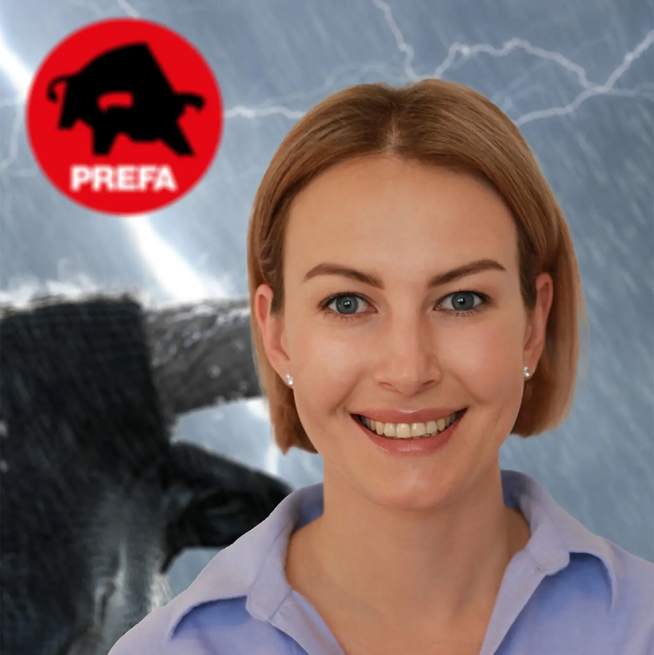 Auf dem Bild sieht man die aktuelle Verantwortliche für die Marketingaktivitäten der Exportländer BeNeLux und die skandinavischen Regionen, Maryna Ivanova, in blauem Oberteil vor einem Hintergrund mit Stier im Gewitter und dem PREFA-Logo in der linken oberen Bildecke.
