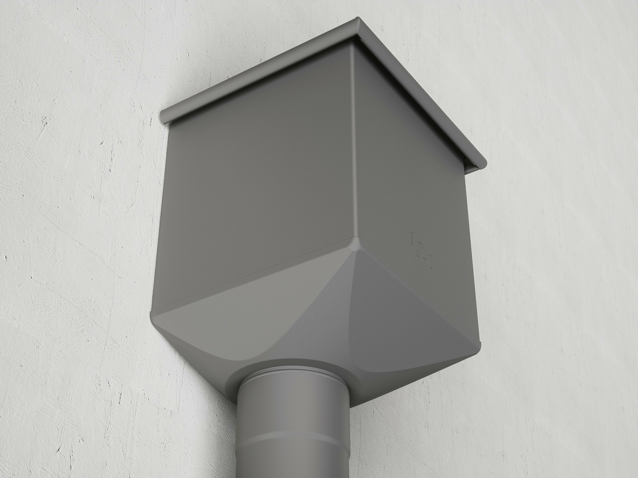 Moderner PREFA Wasserfangkasten mit rundem Abgang in neuem, ästhetisch optimiertem Design – ab 2026 erhältlich. Die elegante, reduzierte Form mit überarbeitetem Bodenblech und verkürzter Gesamthöhe auf 310 mm sorgt für ein harmonisches Fassadenbild. Die klare Linienführung und das wetterfeste Aluminium unterstreichen den hochwertigen Charakter des PREFA Entwässerungssystems. Die sichtbare Robustheit und Langlebigkeit verbinden Technik und Design auf höchstem Niveau – ideal für moderne Architektur mit Anspruch an Qualität, Funktionalität und Stil. Kompatibel mit bestehenden PREFA Systemen.