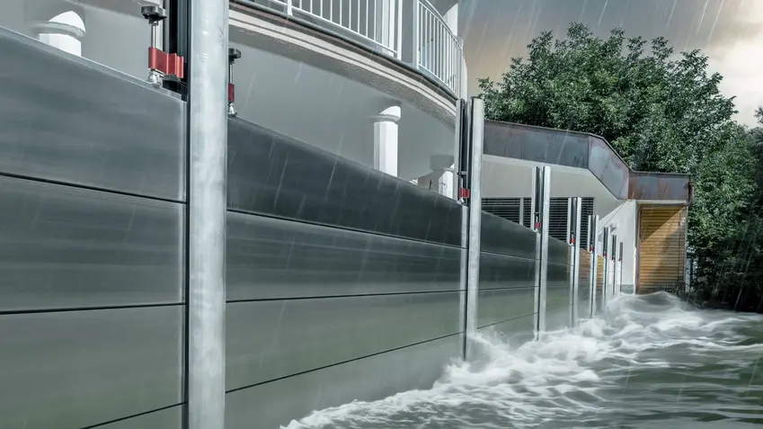 Gros plan sur la protection contre les crues PREFA en aluminium, qui résiste toujours aux inondations catastrophiques et protège la maison individuelle en arrière-plan.