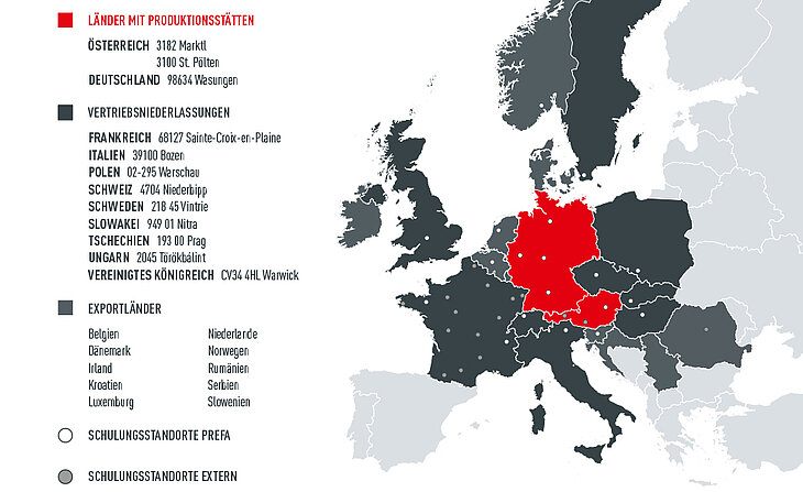 Légende : La carte de l’Europe indique les sites de production PREFA, les pays, les succursales commerciales et les centres de formation.
