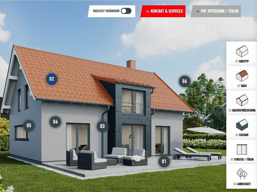 Configurateur pour la rénovation de façades : Vue interactive de la maison avec options de façades, toitures et fenêtres pouvant être sélectionnées, pour la conception et l'étude personnalisée de la nouvelle façade.