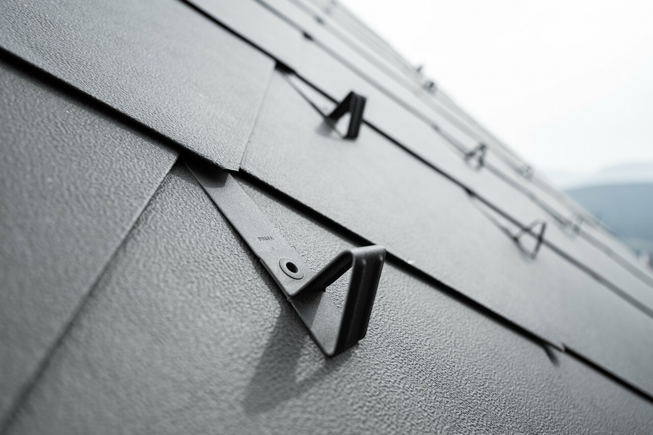 Detailaufnahme eines Aluminiumdaches aus PREFA Dachraut 44x44 in der Farbe P.10 Braun, ausgestattet mit einem funktionalen Schneeschutzsystem. Das Bild zeigt die strukturierte Oberfläche der Rauten sowie die präzise Befestigung der Schneeschutzhalterungen, die nahtlos in das Dachdesign integriert sind und für zusätzliche Sicherheit während der Wintermonate sorgen. Die robusten Schneestopper sind gleichmäßig angeordnet und sorgen dadurch für ein harmonisches Gesamtbild.