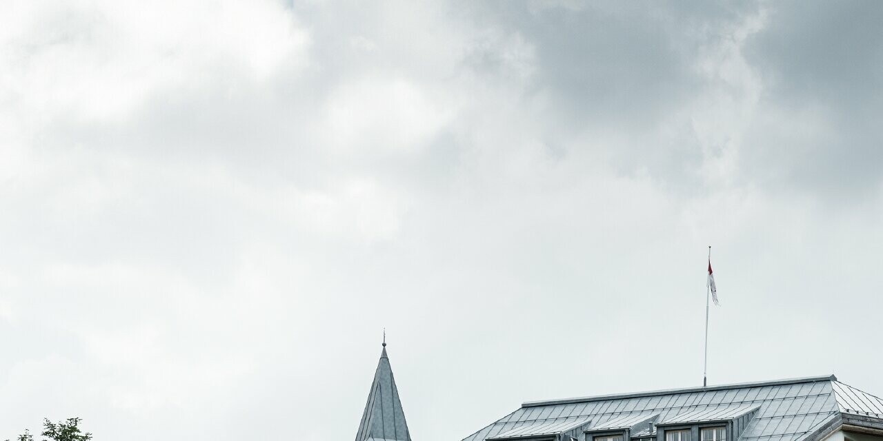 Château de Mittersill entouré d’arbres et de montagnes — Toiture rénovée avec des bandes Prefalz de couleur gris pierre