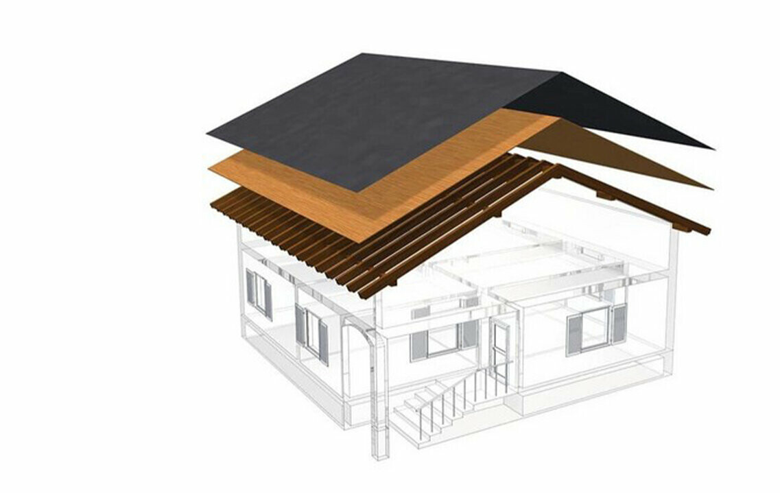 PREFA Illustration technique de la construction d’un toit simple peau - les combles ne peuvent pas servir d’espace d’habitation, car ils servent de lame d’air au toit à couverture métallique ; voligeage intégral et couche de séparation sans lattage ; toiture chaude