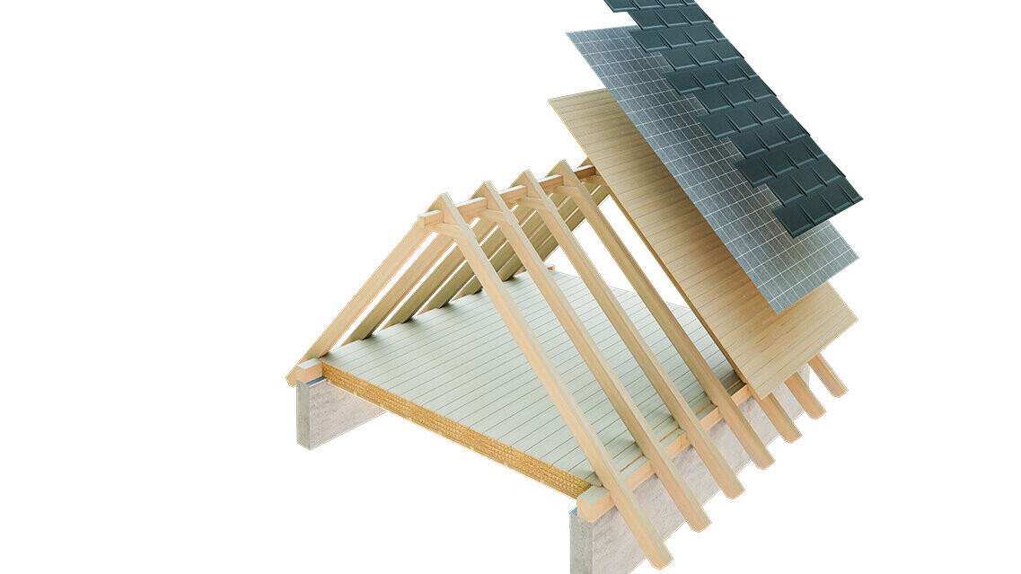 PREFA Illustration technique de la construction d’un toit simple peau - les combles ne peuvent pas servir d’espace d’habitation, car ils servent de lame d’air au toit à couverture métallique ; voligeage intégral et couche de séparation sans lattage ; toiture chaude