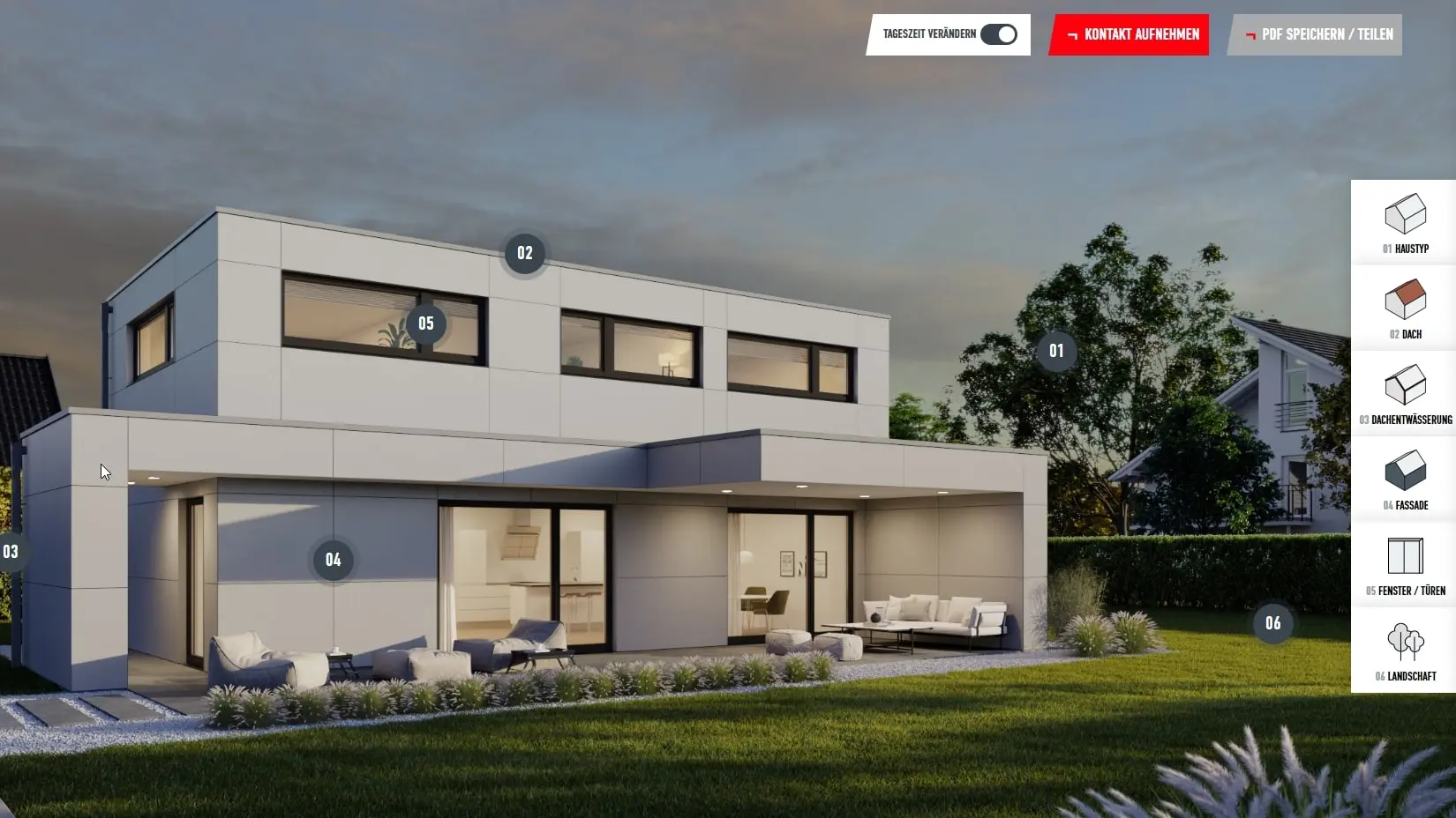 Exemple de configuration de maison individuelle, toit plat dans la lumière du soir
