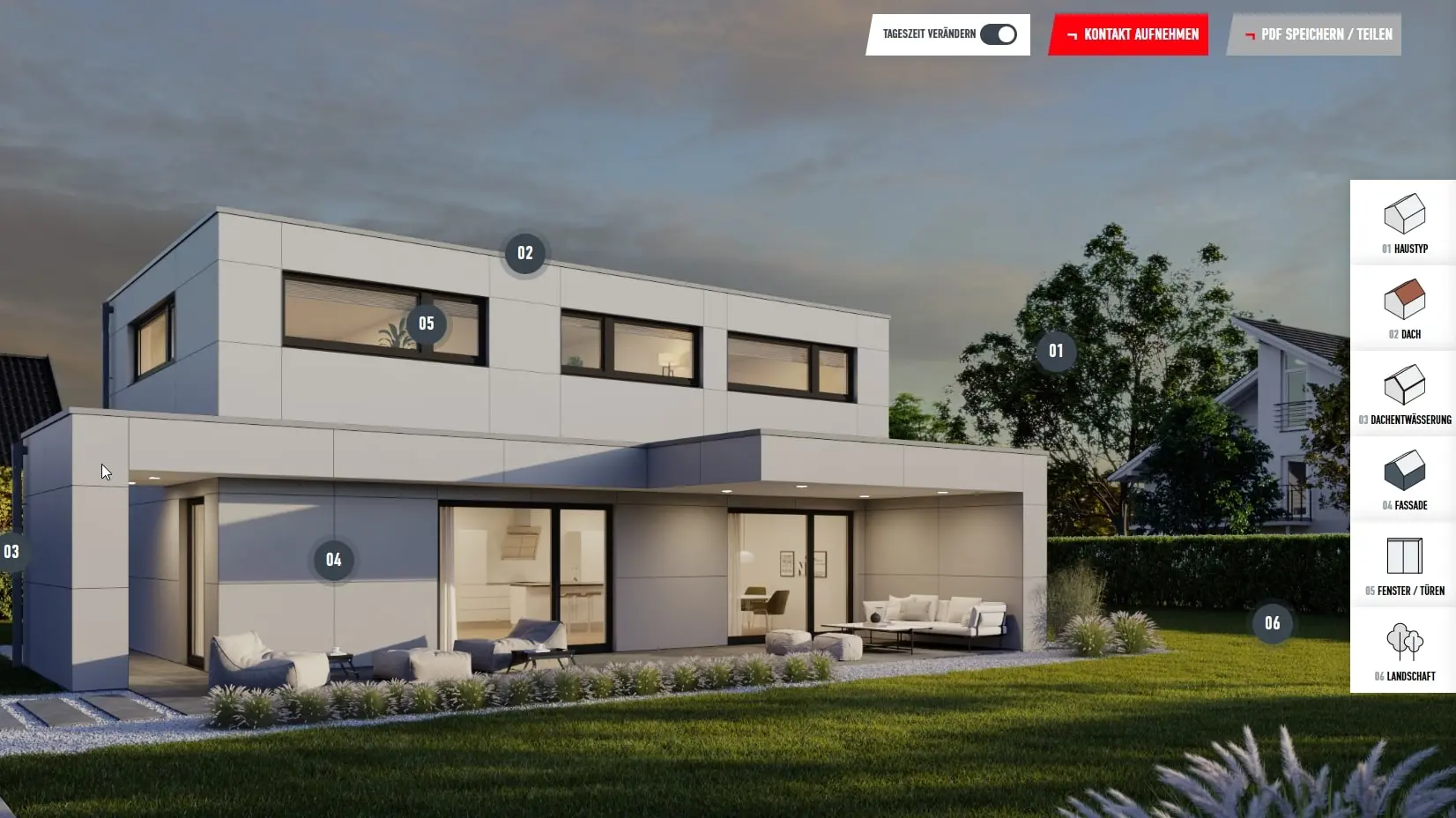 Beispiel einer Konfigurationsansicht des Einfamilienhauses mit Flachdach in P.10 Zinkgrau bei Nacht. Die Fassade ist mir Prefabond in P.10 Prefaweiß verkleidet.