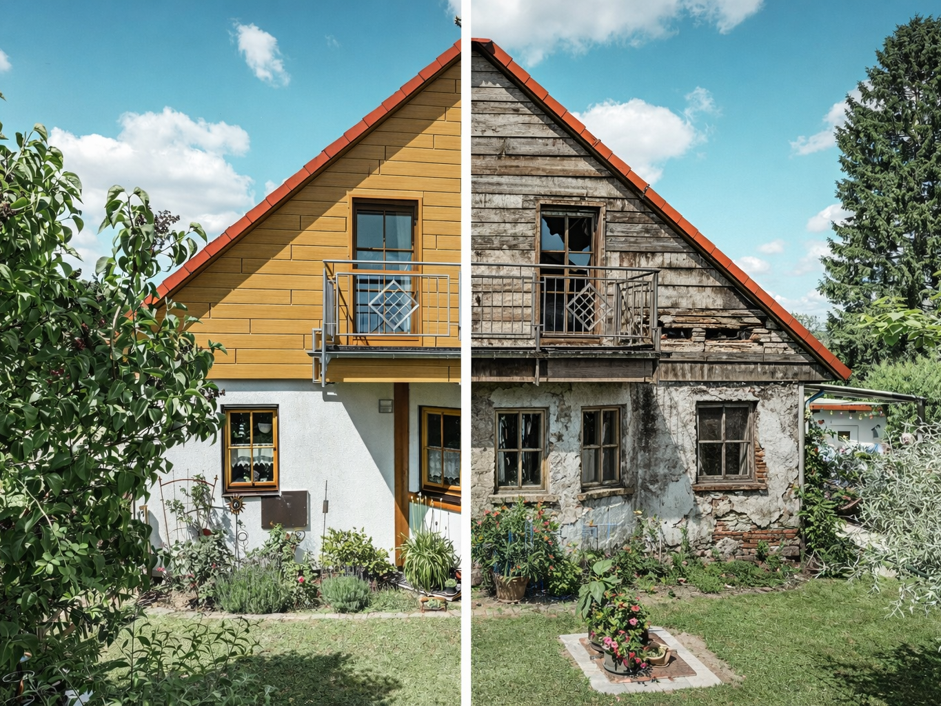 Représentation photographique d'une maison avec deux façades différentes : Le côté gauche montre une façade moderne et bien entretenue avec une façade en aluminium PREFA imitation bois, tandis que le côté droit représente une façade délabrée, avec fenêtres brisées et peinture écaillée. Une ligne de démarcation nette indique la transition entre les deux états, sous un ciel bleu clair.