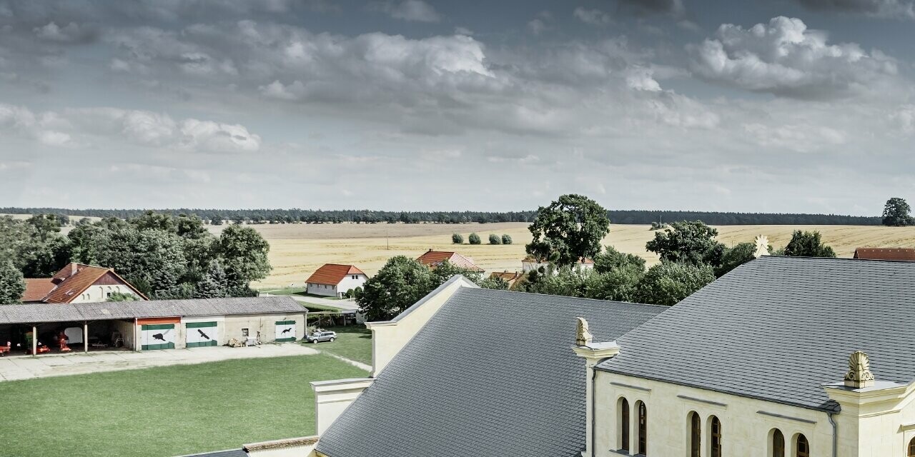 Vue de la partie principale des écuries de Basedow ; le château a été rénové, le choix s’est porté sur une toiture légère en aluminium PREFA couleur anthracite.