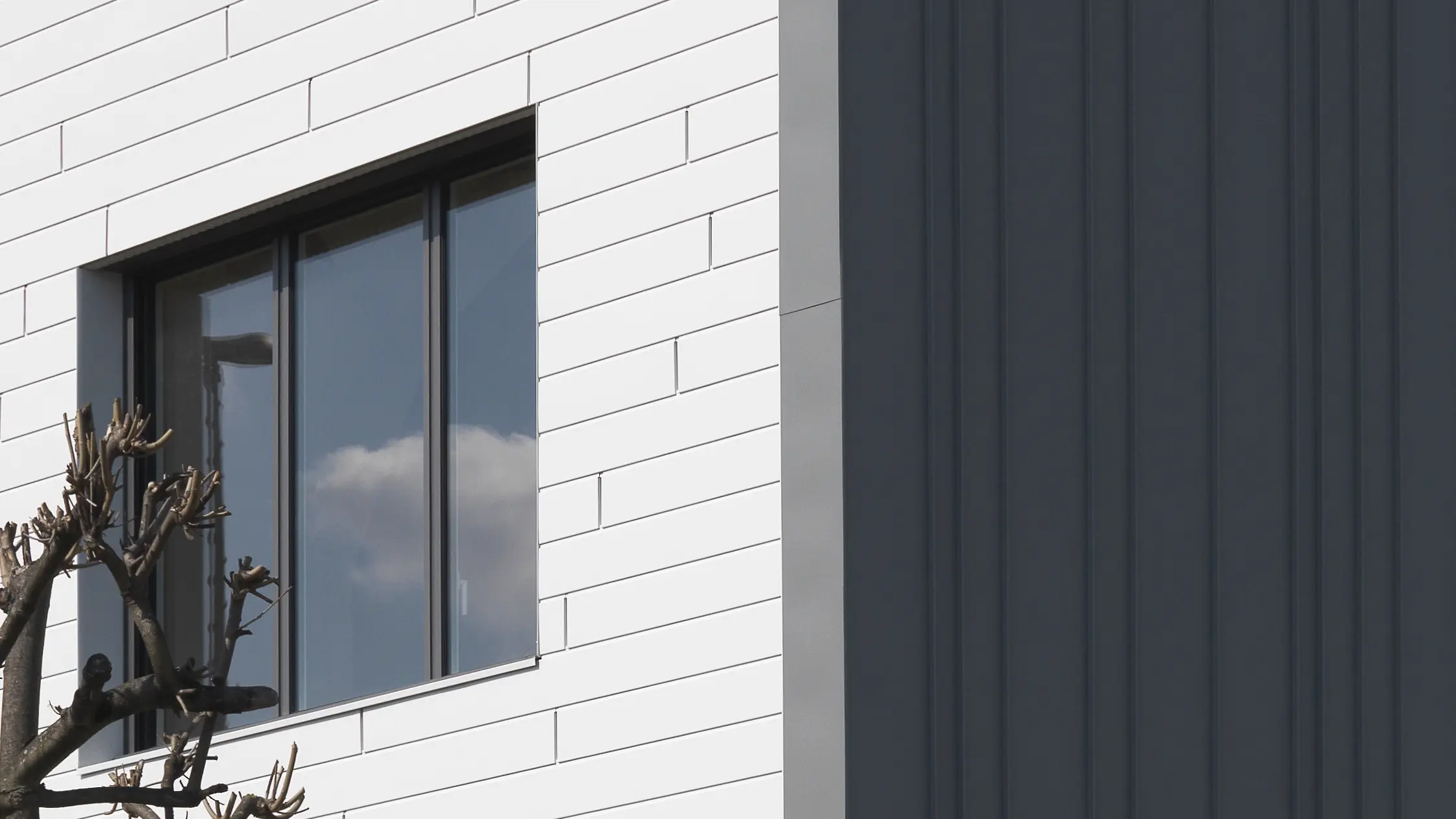 Vue détaillée d'une maison familiale à Houilles (France). Pour le bâtiment, les Siding PREFA en P.10 blanc pur ont été combinés en façade et PREFALZ en P.10 gris souris en toiture et façade.