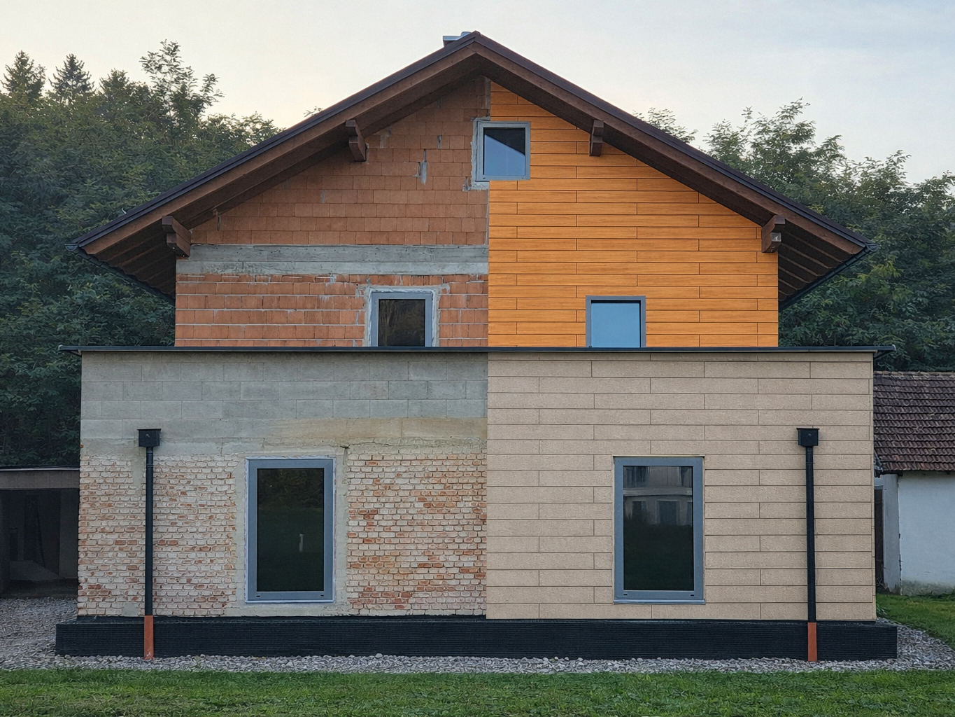 Service photo pour la rénovation de façades : Vue professionnelle avant-après d'une maison, avec différents matériaux de façade, pour une visualisation réaliste des solutions de rénovation. (image traitée par IA)