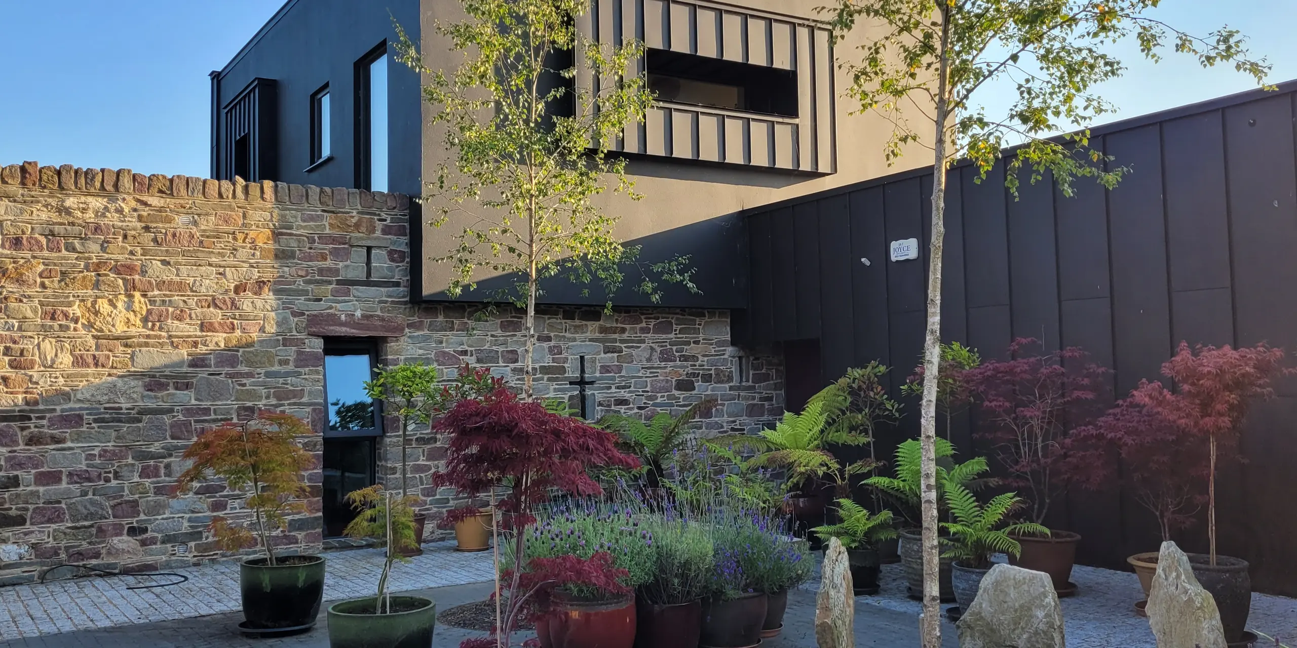 L'image présente une maison d'architecte moderne située à Wexford. Sa façade PREFALZ en P.10 noir crée un contraste saisissant avec le mur en pierre naturelle aux tons chauds. Les surfaces en aluminium épurées reflètent la lumière dorée du soir et soulignent la précision des lignes de la structure. Au premier plan, des plantes et des pierres décoratives, soigneusement disposées, créent une atmosphère paisible, presque méditative. L'érable du Japon témoigne du choix judicieux des végétaux. Robuste et résistante aux intempéries, la façade PREFA confère au bâtiment un caractère unique, une protection durable et une profondeur architecturale remarquable.
