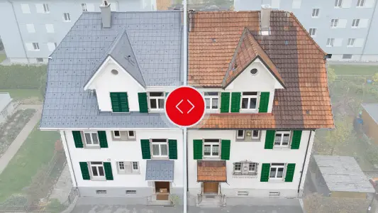 Neu renovierte Doppelhaushälfte; Der rechte Teil des Hauses wurde nicht saniert und hat noch ein altes Ziegeldach, der linke Teil wurde mit der PREFA Dachplatte in Steingrau neu eingedeckt.