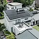 Vue aérienne du paysage de toit exceptionnel d'une maison individuelle à Dortmund avec des bardeaux PREFA DS.19 et PREFALZ en P.10 anthracite ainsi qu'une installation PV de grande surface.