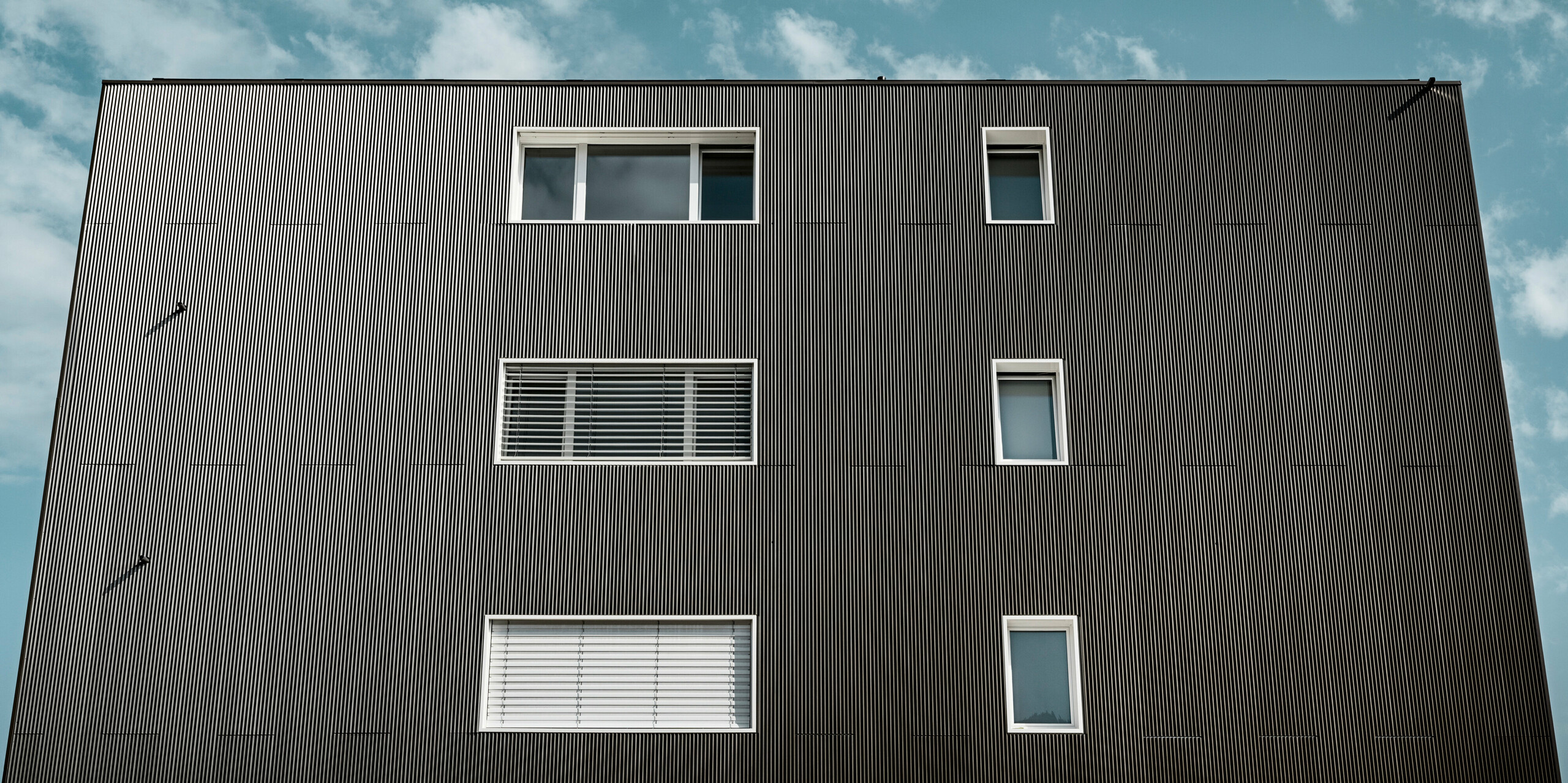 La façade du complexe résidentiel Les Dailles a été largement recouverte de l'impressionnant profil triangle PREFA en bronze. Le toit du bâtiment a été recouvert de PREFALZ en bronze.